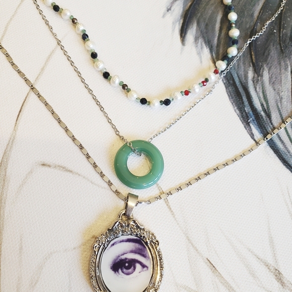 NEW Sterling Silver LAYERING ART Necklace PEARL JADE EMERALD FORNASETTI EVIL EYE - Picture 4 of 5